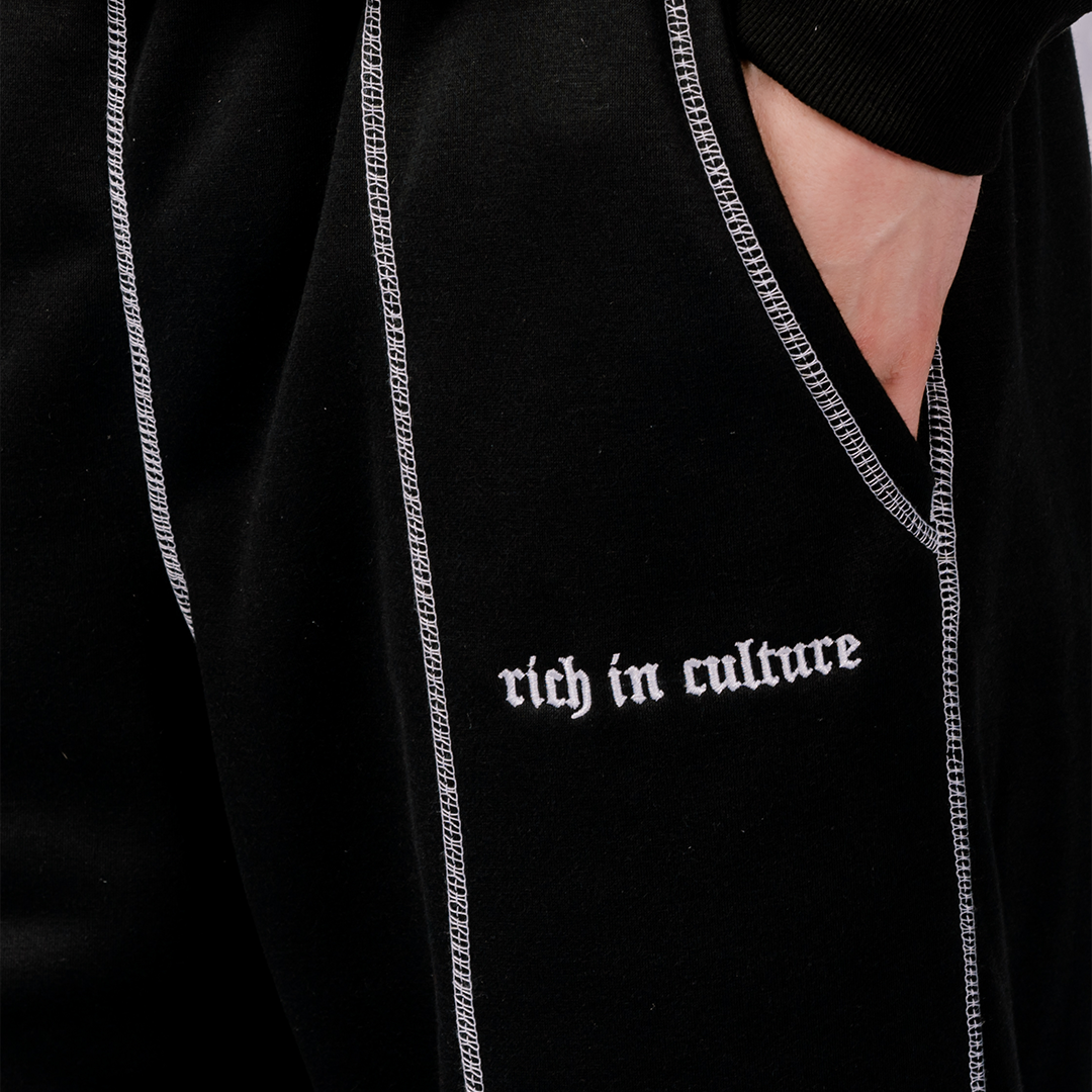 Reversed Stitching Embroidered Sweatpants - Black