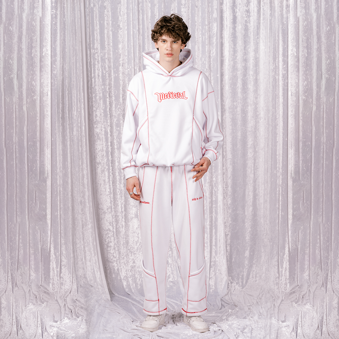 Reversed Stitching Embroidered Hoodie - White