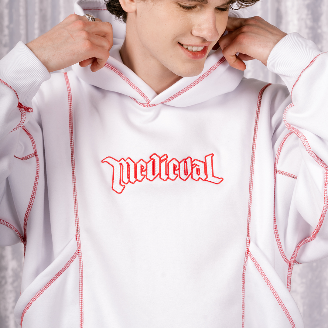 Reversed Stitching Embroidered Hoodie - White