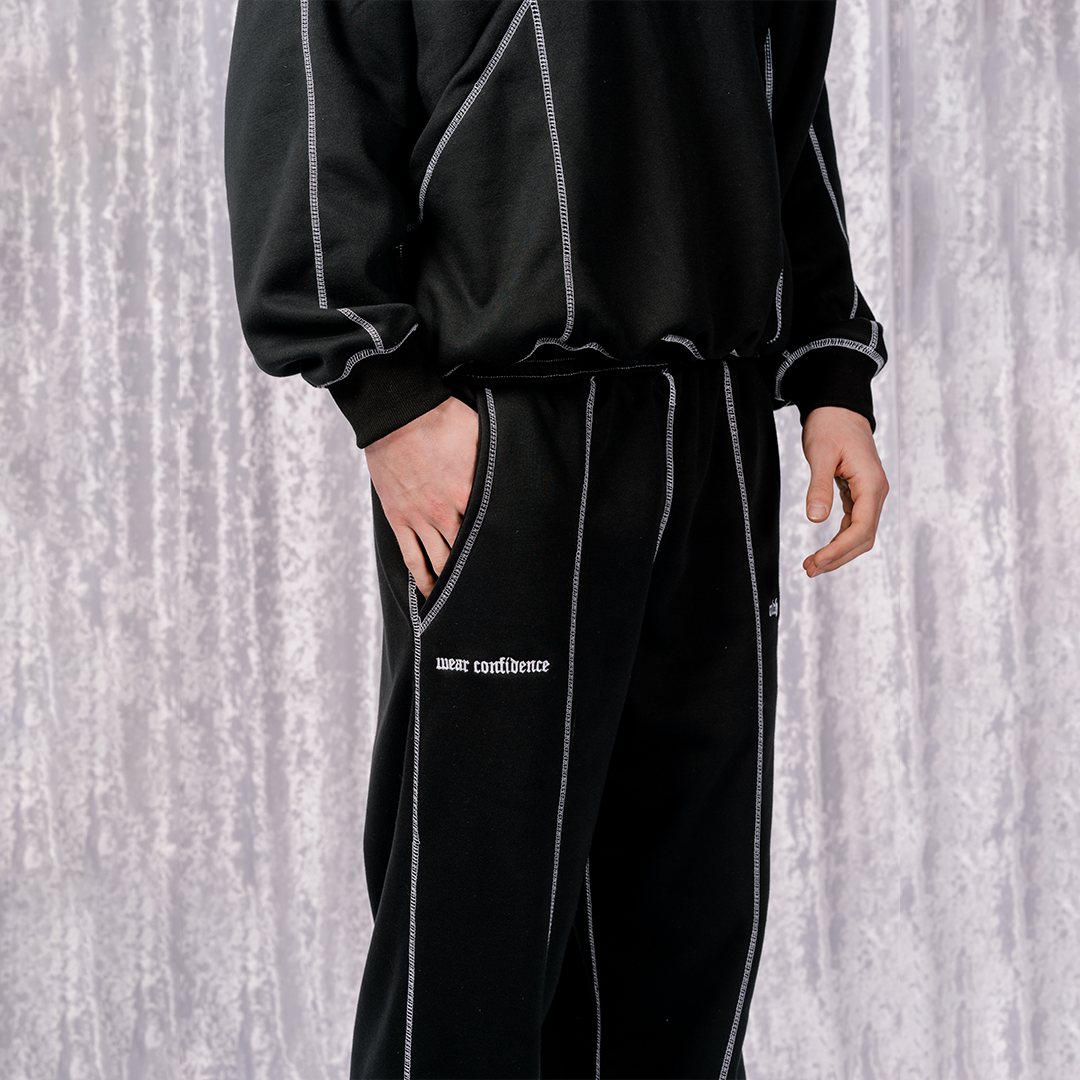 Reversed Stitching Embroidered Sweatpants - Black
